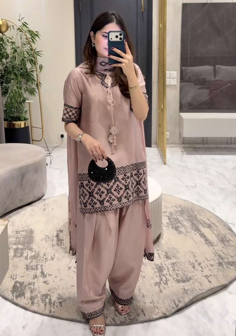 Cream Emboidered Silk Sharara Set - Indya