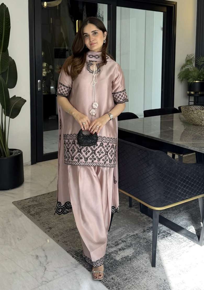 Cream Emboidered Silk Sharara Set - Indya