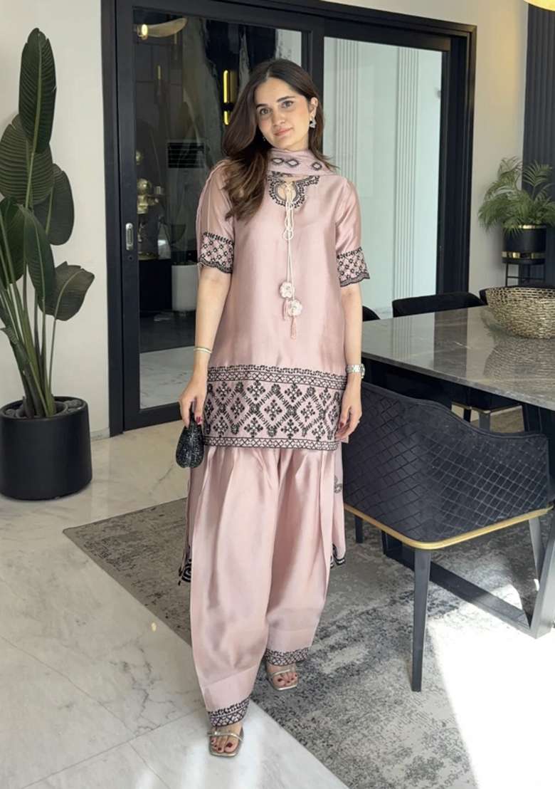 Cream Emboidered Silk Sharara Set - Indya