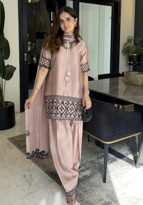 Cream Emboidered Silk Sharara Set