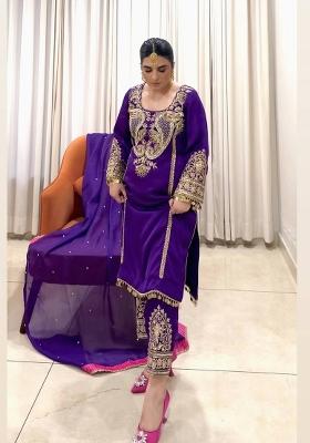 Purple Emboidered Georgette Kurta Set