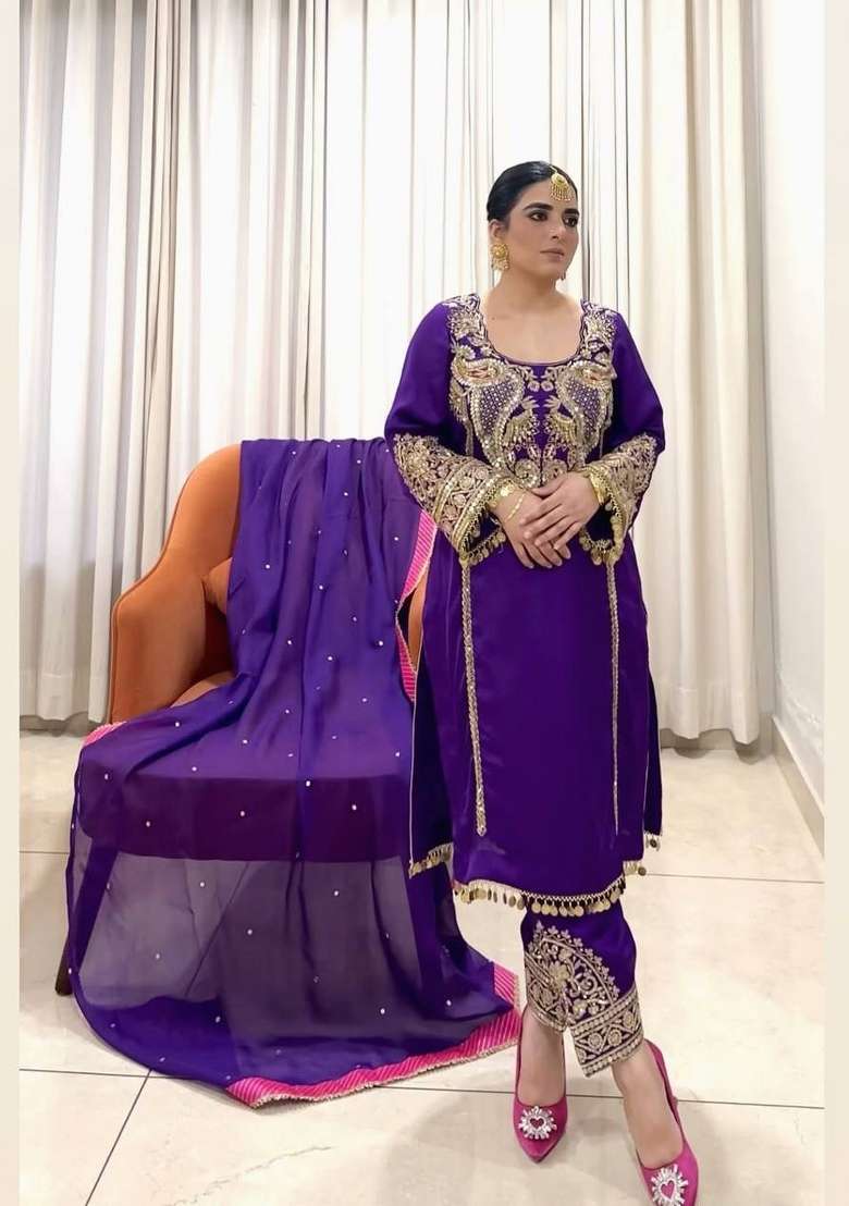 Purple Emboidered Georgette Kurta Set - Indya