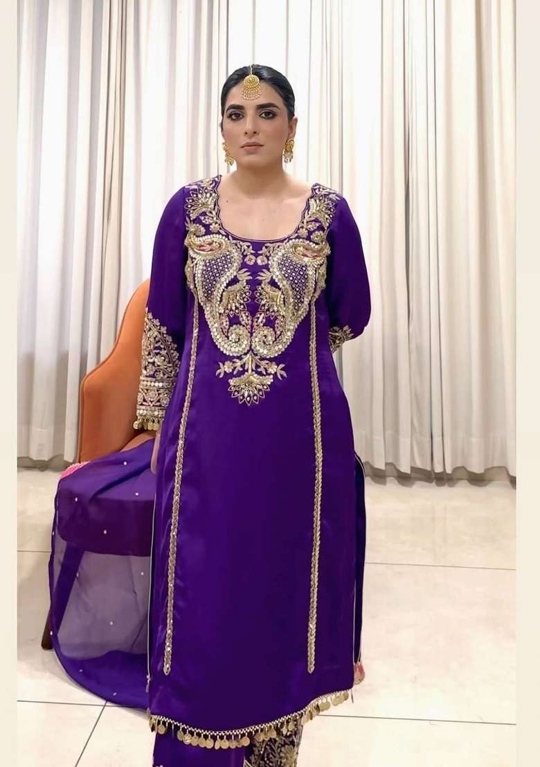 Purple Emboidered Georgette Kurta Set - Indya