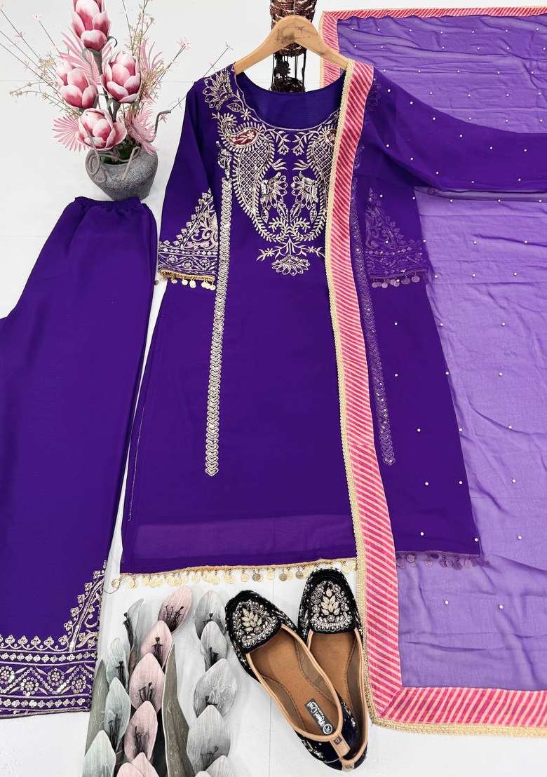 Purple Emboidered Georgette Kurta Set - Indya