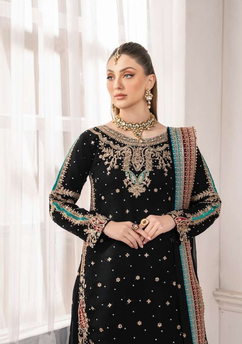 Black Emboidered Georgette Kurta Set - Indya