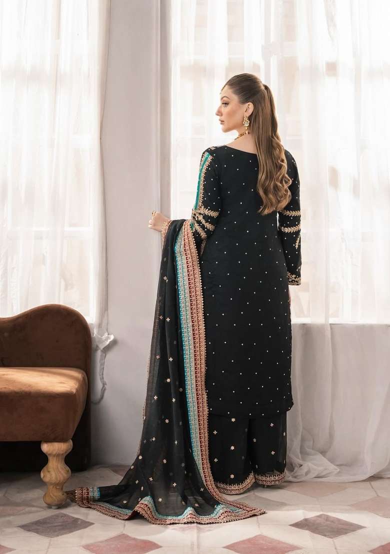 Black Emboidered Georgette Kurta Set - Indya