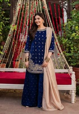Navy Blue Emboidered Velvet Kurta Set