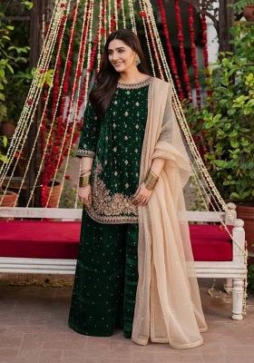 Green Emboidered Velvet Kurta Set