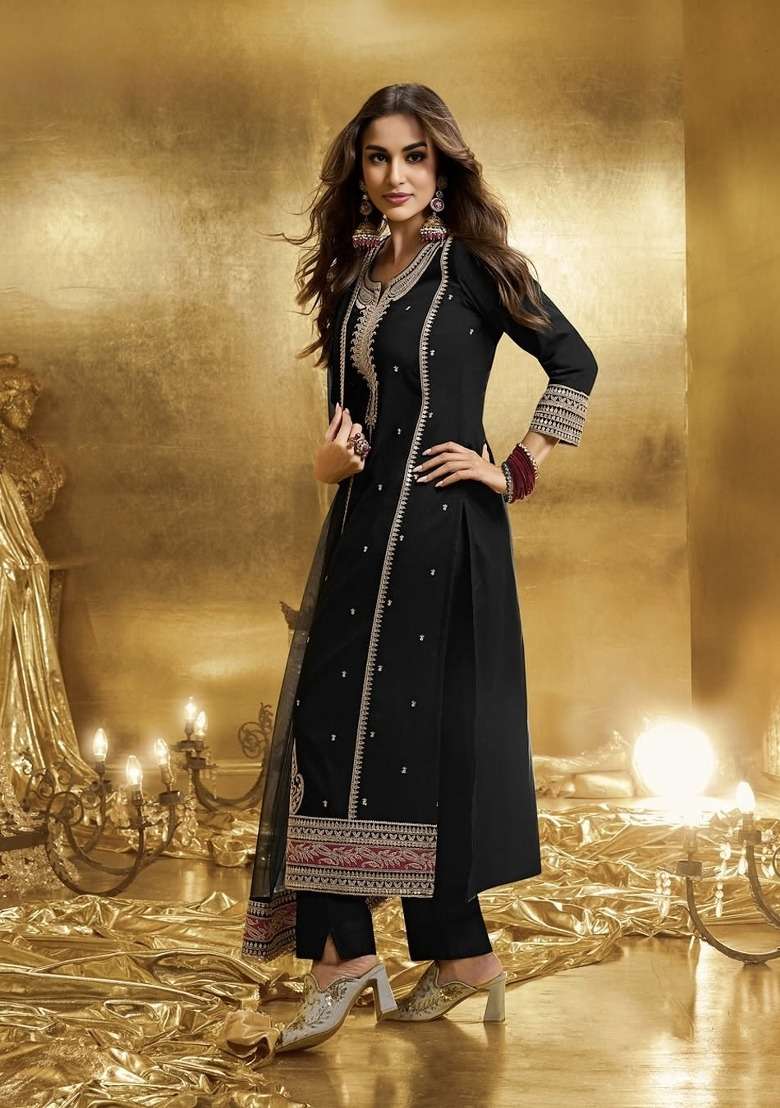 Black Emboidered Georgette Kurta Set - Indya