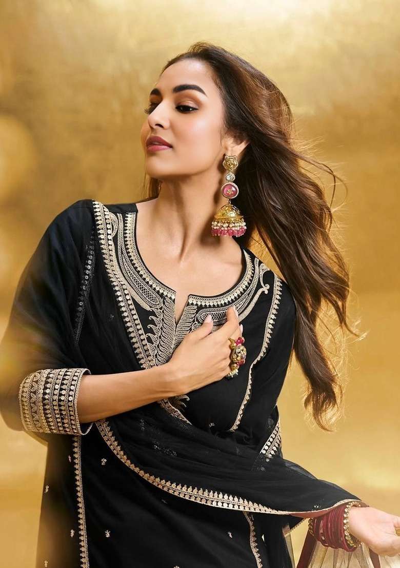 Black Emboidered Georgette Kurta Set - Indya