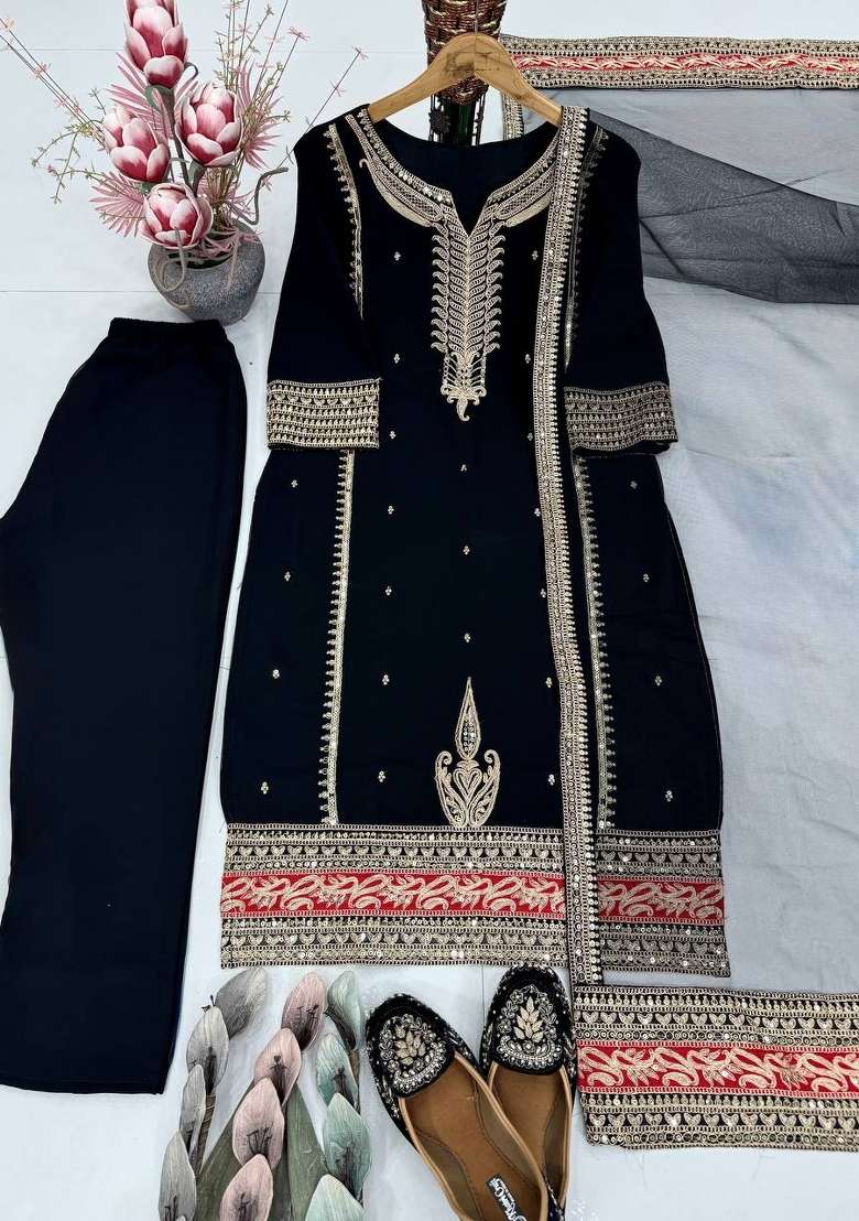 Black Emboidered Georgette Kurta Set - Indya