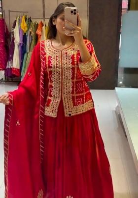 Red Emboidered Chinon Kurta Set