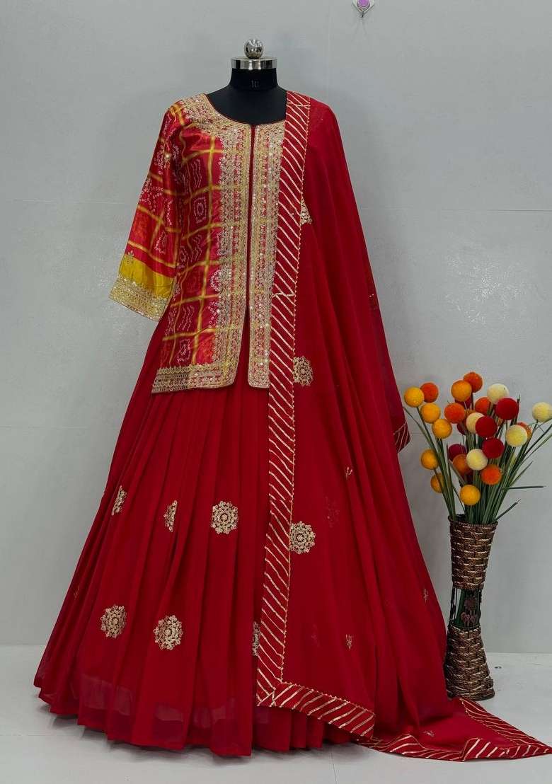 Red Emboidered Chinon Kurta Set - Indya