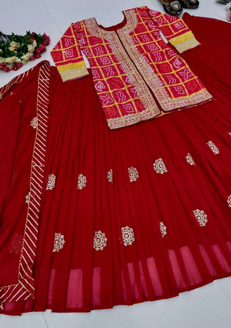Red Emboidered Chinon Kurta Set - Indya