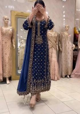 Dark Blue Emboidered Georgette Kurta Set
