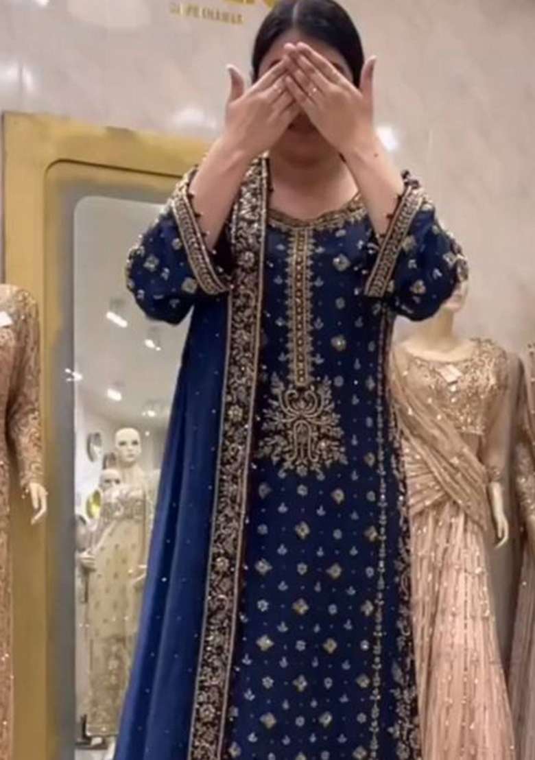 Dark Blue Emboidered Georgette Kurta Set - Indya