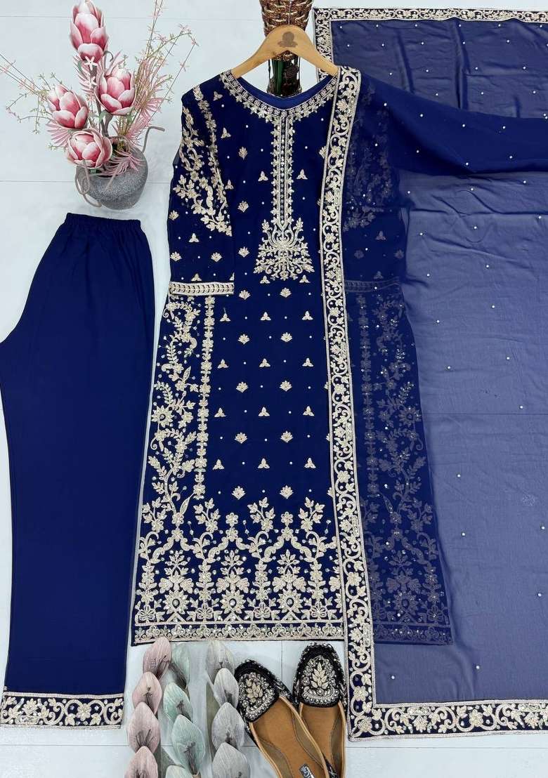 Dark Blue Emboidered Georgette Kurta Set - Indya