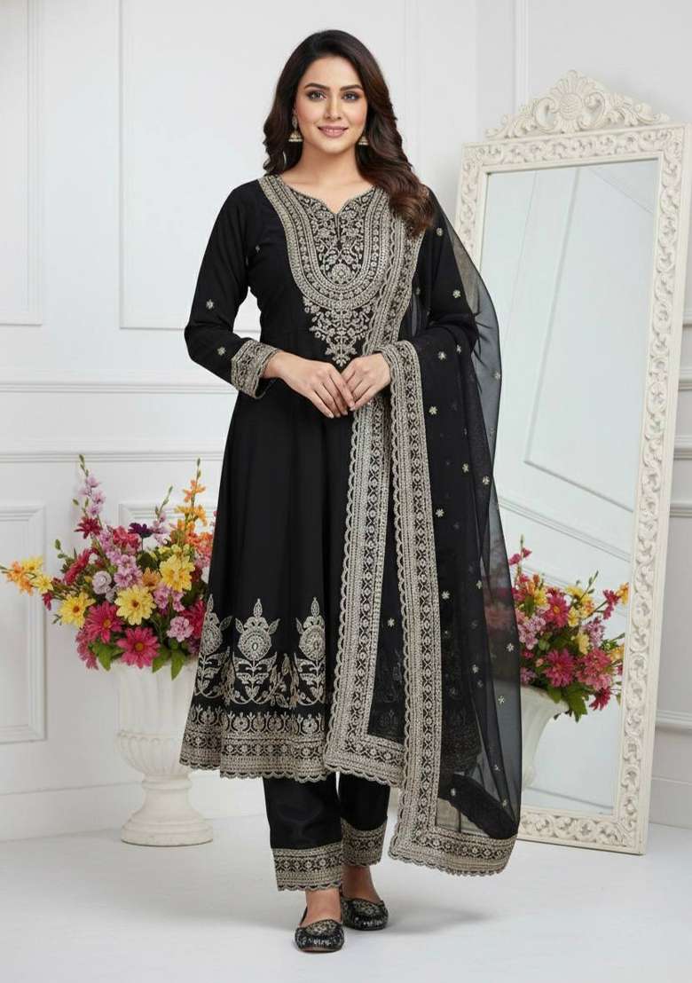 Black Emboidered Georgette Kurta Set - Indya