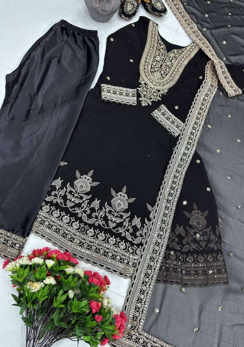 Black Emboidered Georgette Kurta Set - Indya