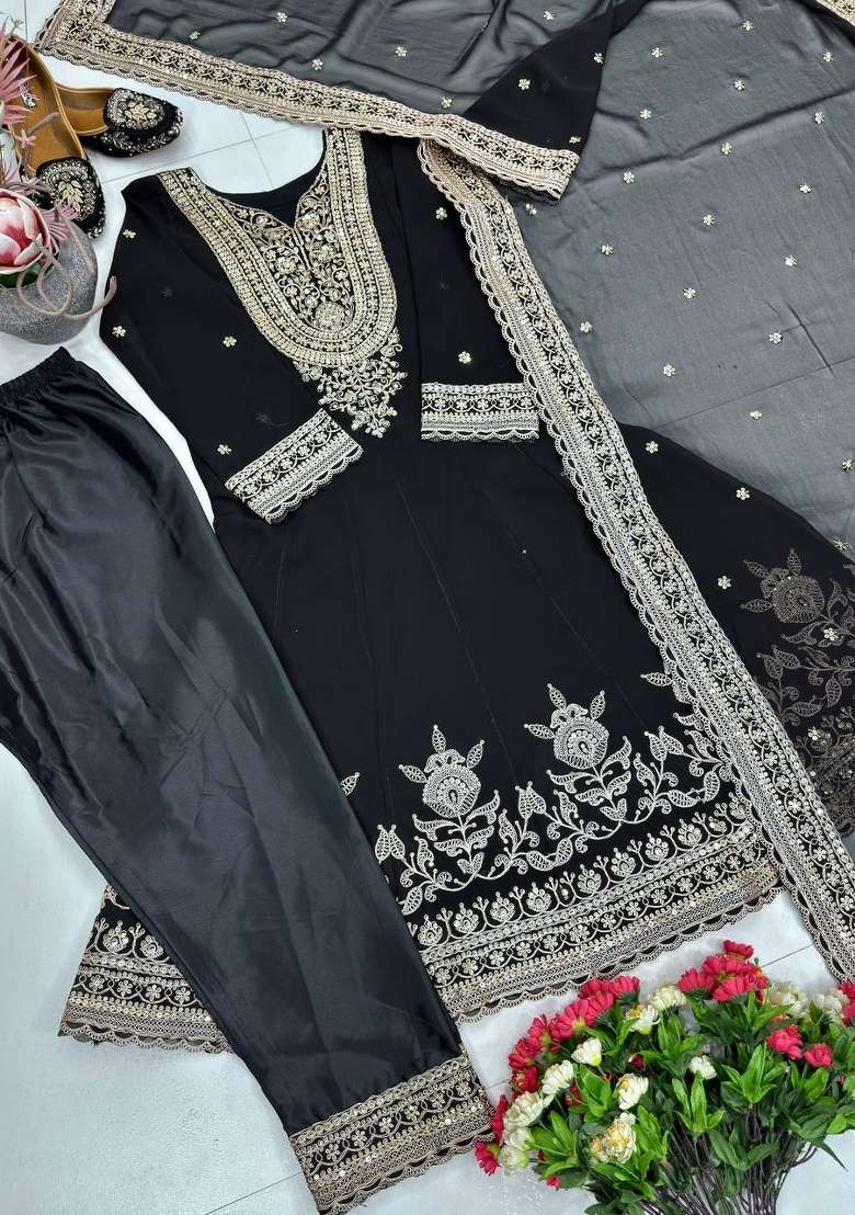 Black Emboidered Georgette Kurta Set - Indya