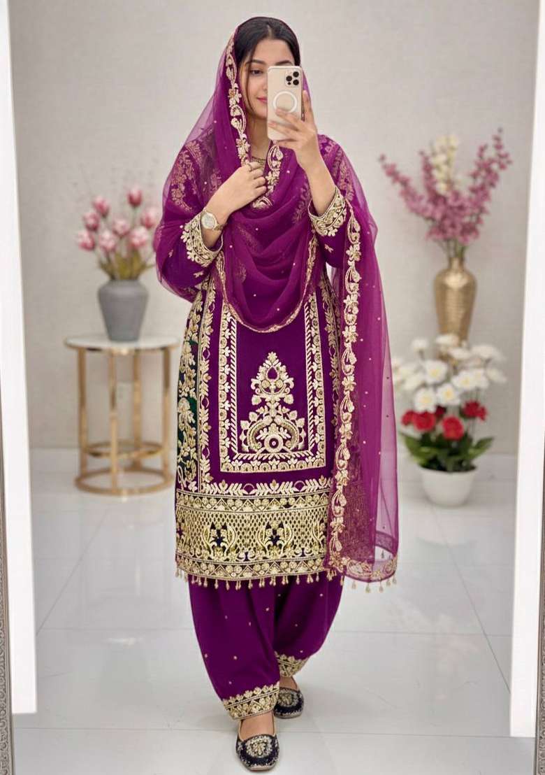 Dark Wine Emboidered Georgette Kurta Set - Indya
