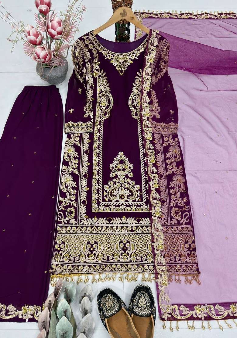 Dark Wine Emboidered Georgette Kurta Set - Indya