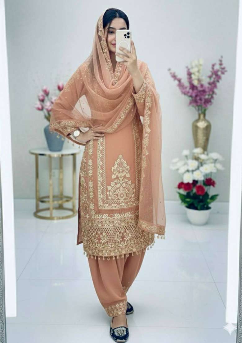 Light Pink Emboidered Georgette Kurta Set - Indya