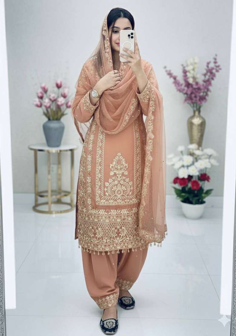 Light Pink Emboidered Georgette Kurta Set - Indya