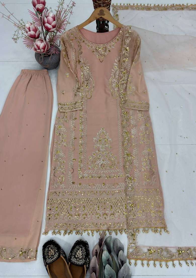 Light Pink Emboidered Georgette Kurta Set - Indya