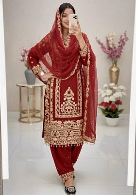 Red Emboidered Georgette Kurta Set