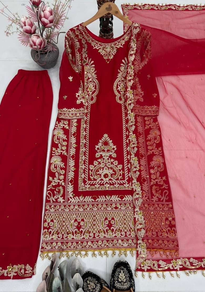 Red Emboidered Georgette Kurta Set - Indya