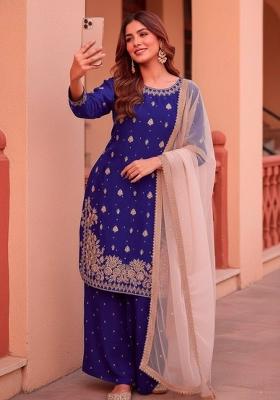 Dark Blue Emboidered Silk Kurta Set