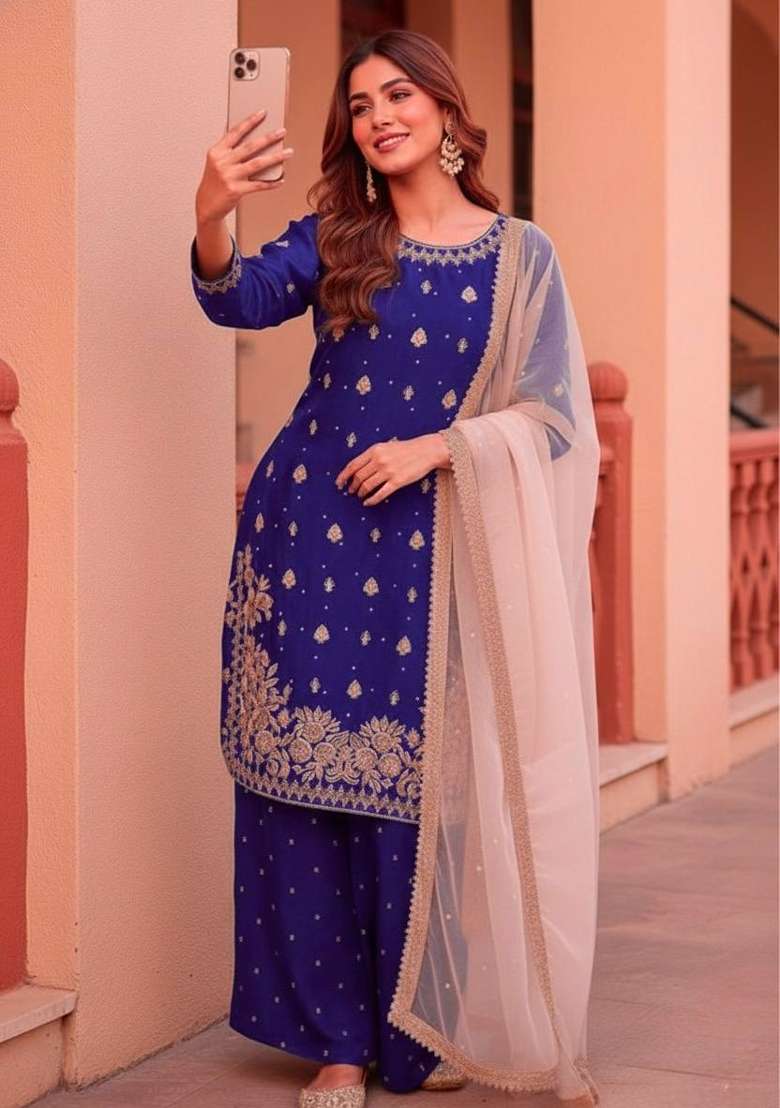 Dark Blue Emboidered Silk Blend Kurta Set - Indya