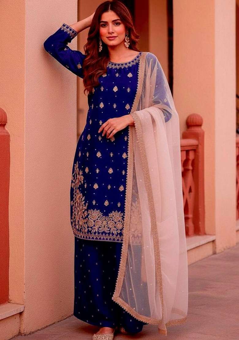 Dark Blue Emboidered Silk Blend Kurta Set - Indya