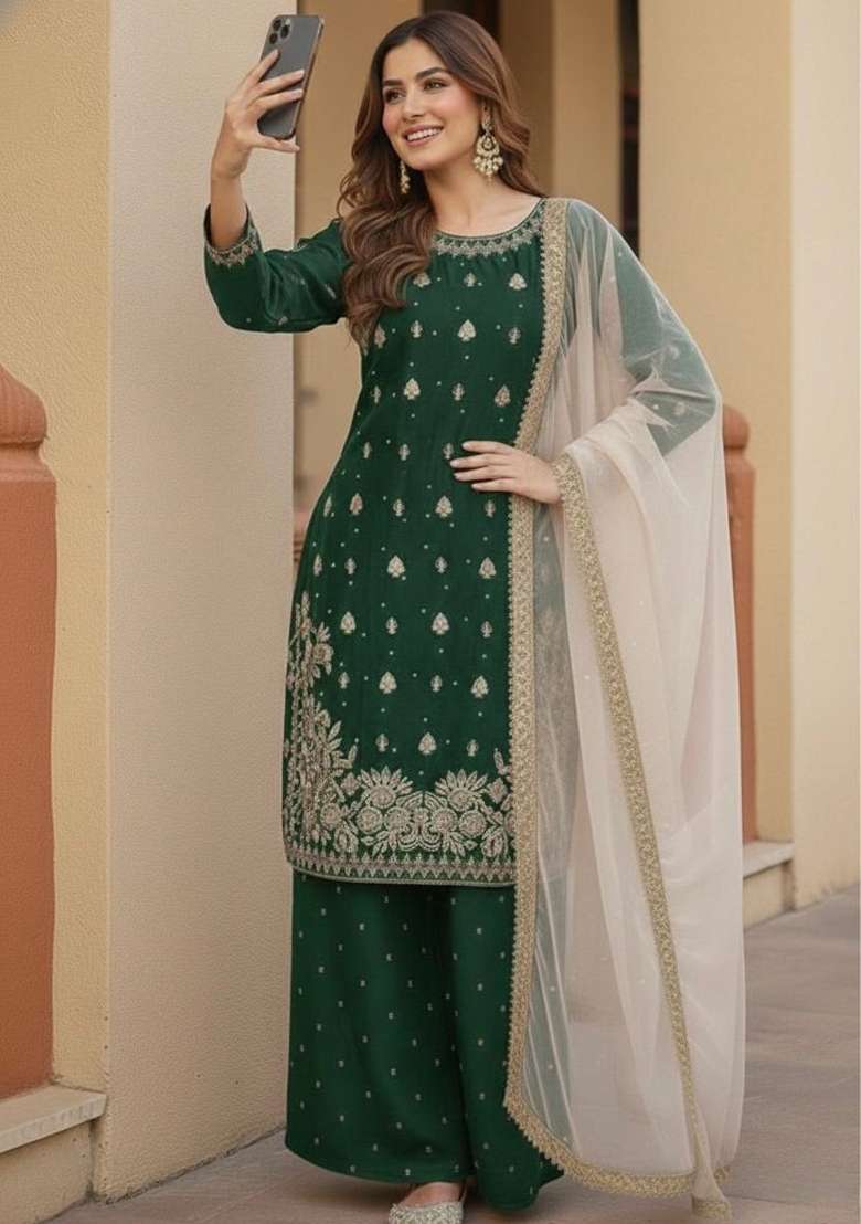 Green Emboidered Silk Blend Kurta Set - Indya