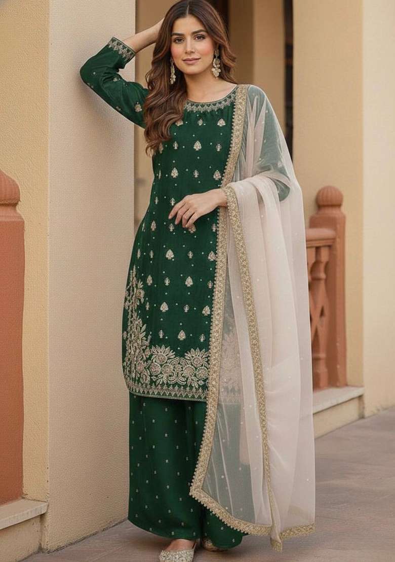 Green Emboidered Silk Blend Kurta Set - Indya