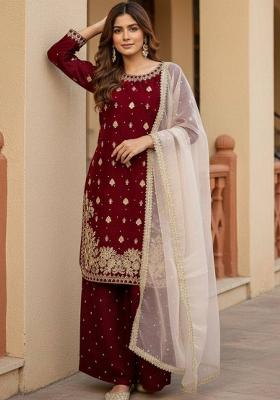 Red Emboidered Silk Kurta Set