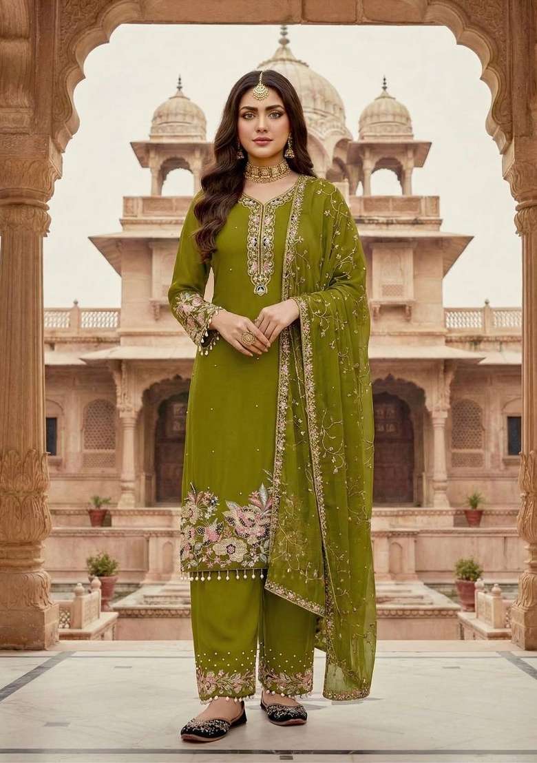 Mehendi Emboidered Georgette Kurta Set - Indya