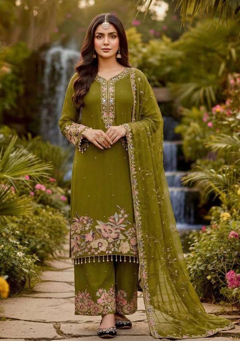 Mehendi Emboidered Georgette Kurta Set - Indya