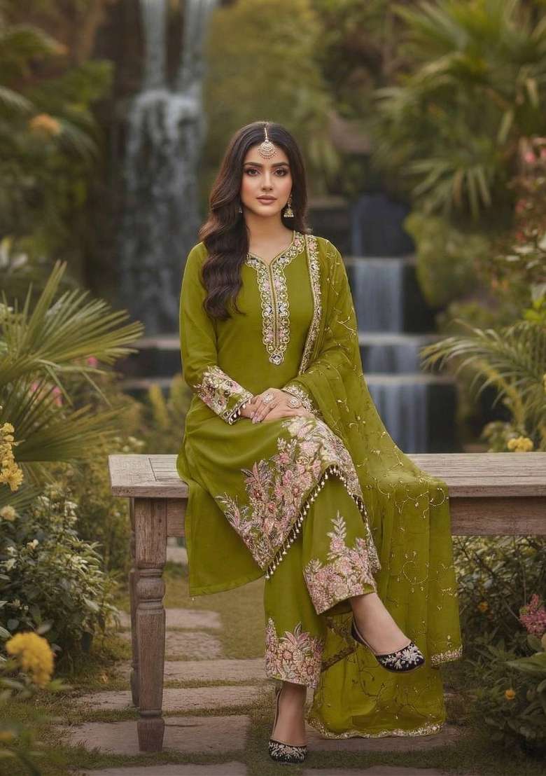 Mehendi Emboidered Georgette Kurta Set - Indya