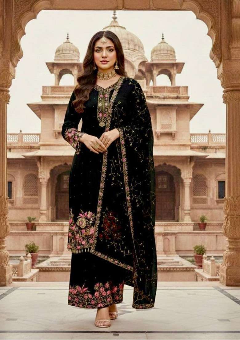 Black Emboidered Georgette Kurta Set - Indya