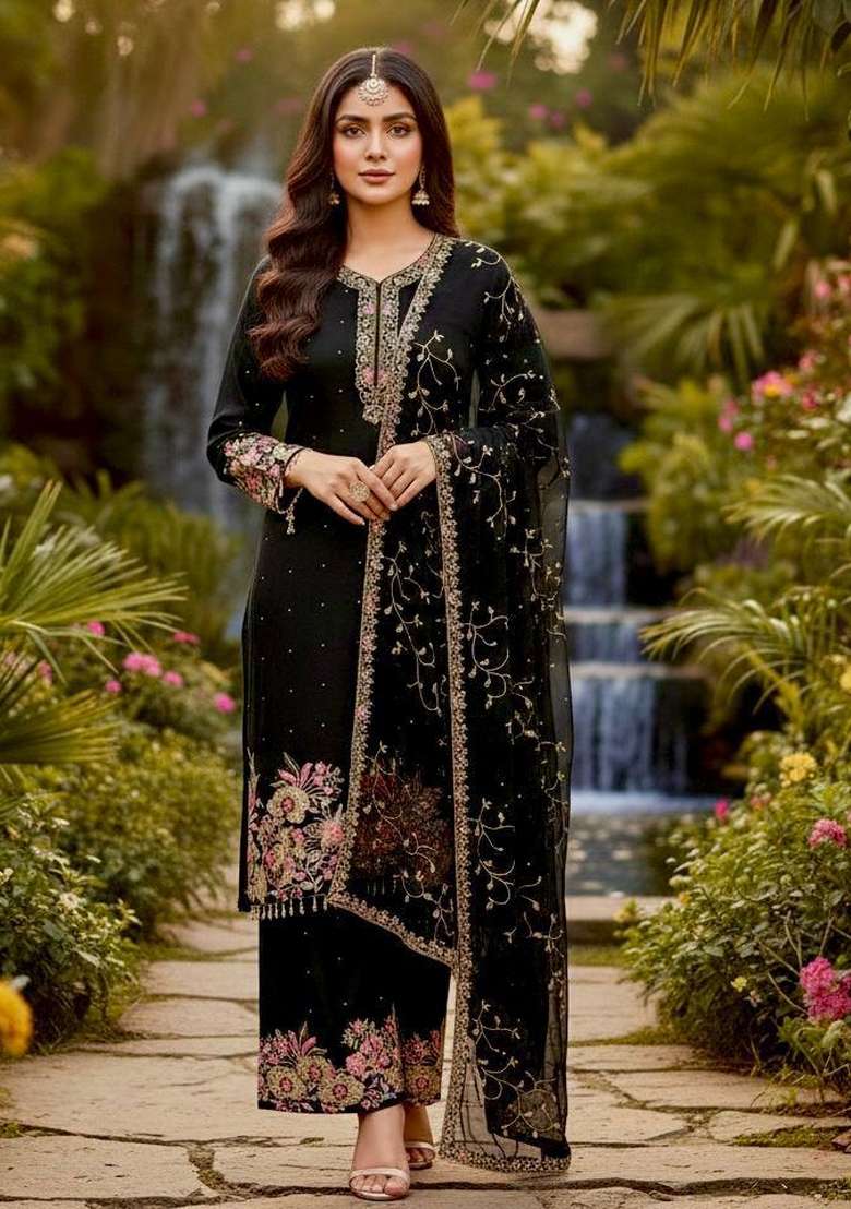 Black Emboidered Georgette Kurta Set - Indya