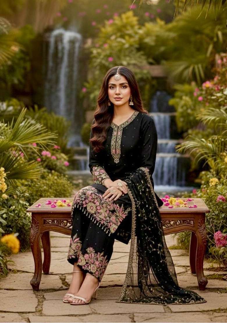 Black Emboidered Georgette Kurta Set - Indya
