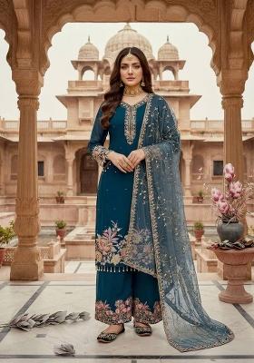 Blue Emboidered Georgette Kurta Set
