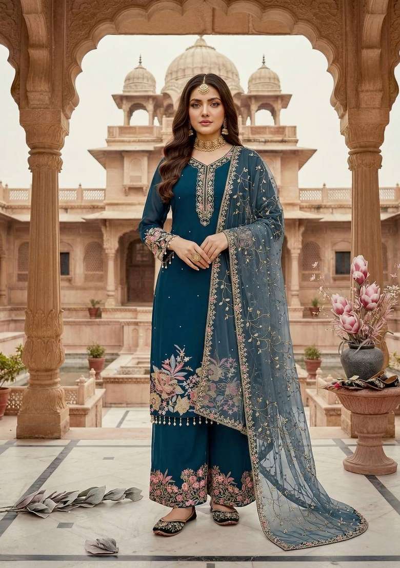 Blue Emboidered Georgette Kurta Set - Indya