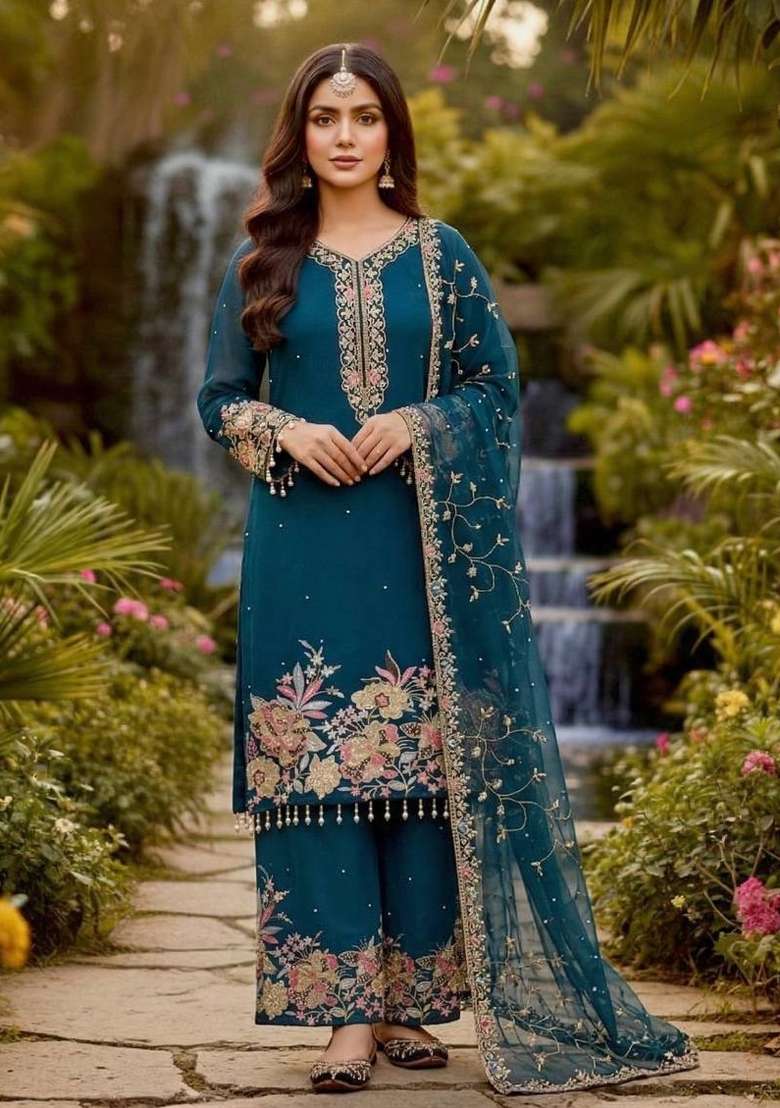 Blue Emboidered Georgette Kurta Set - Indya