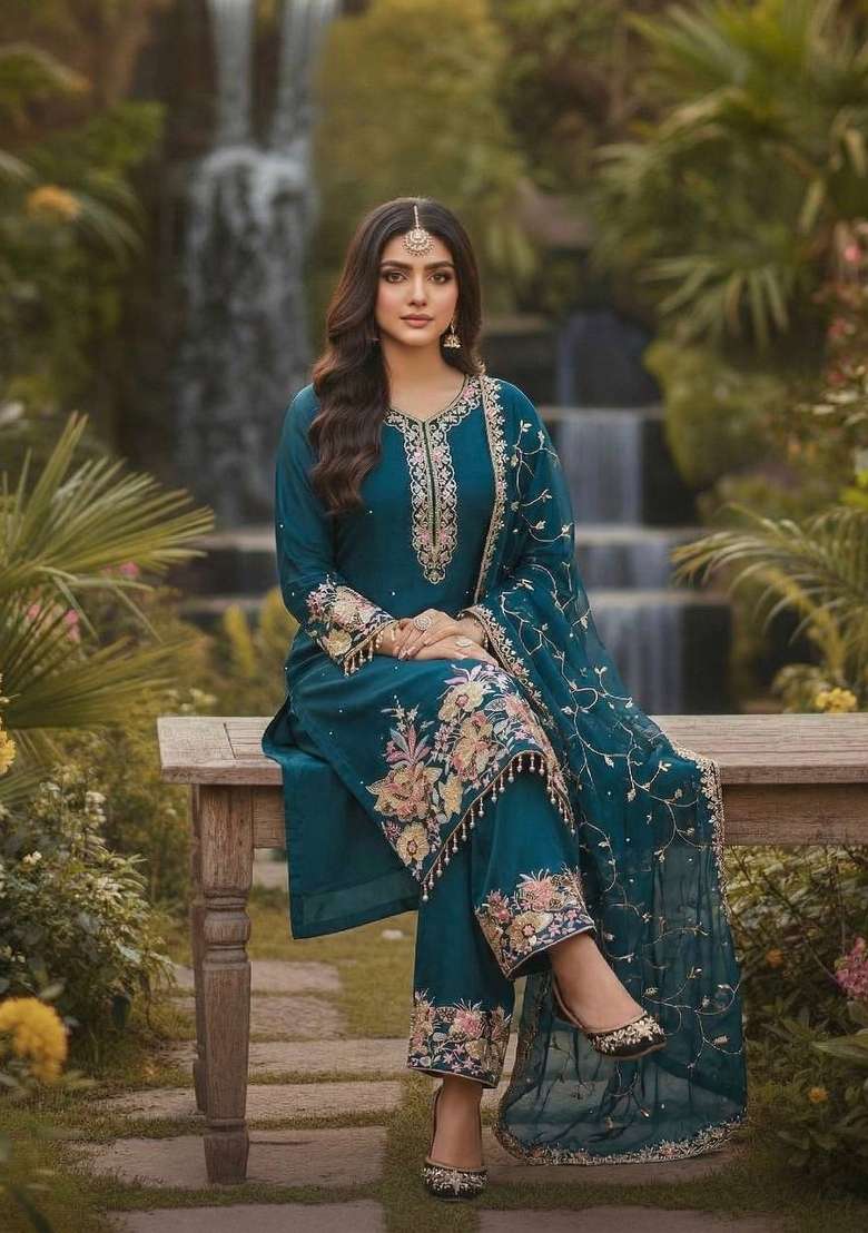Blue Emboidered Georgette Kurta Set - Indya