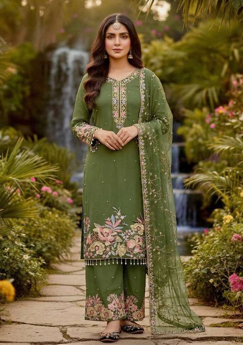 Green Emboidered Georgette Kurta Set - Indya