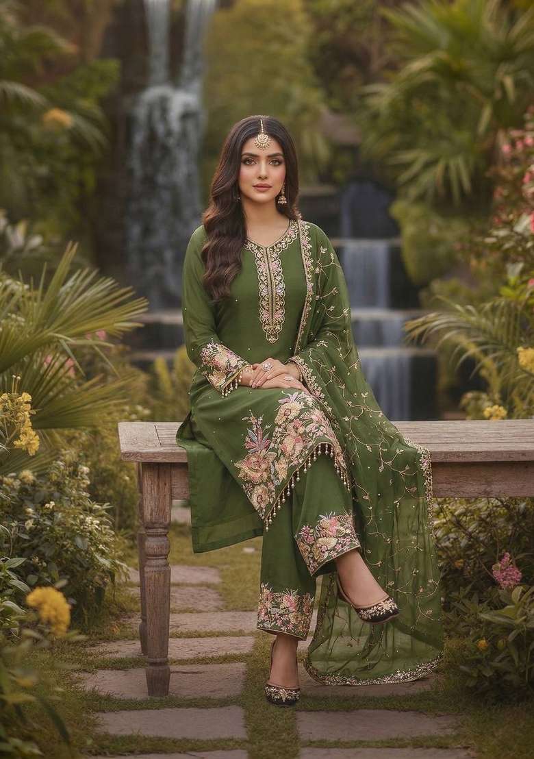 Green Emboidered Georgette Kurta Set - Indya