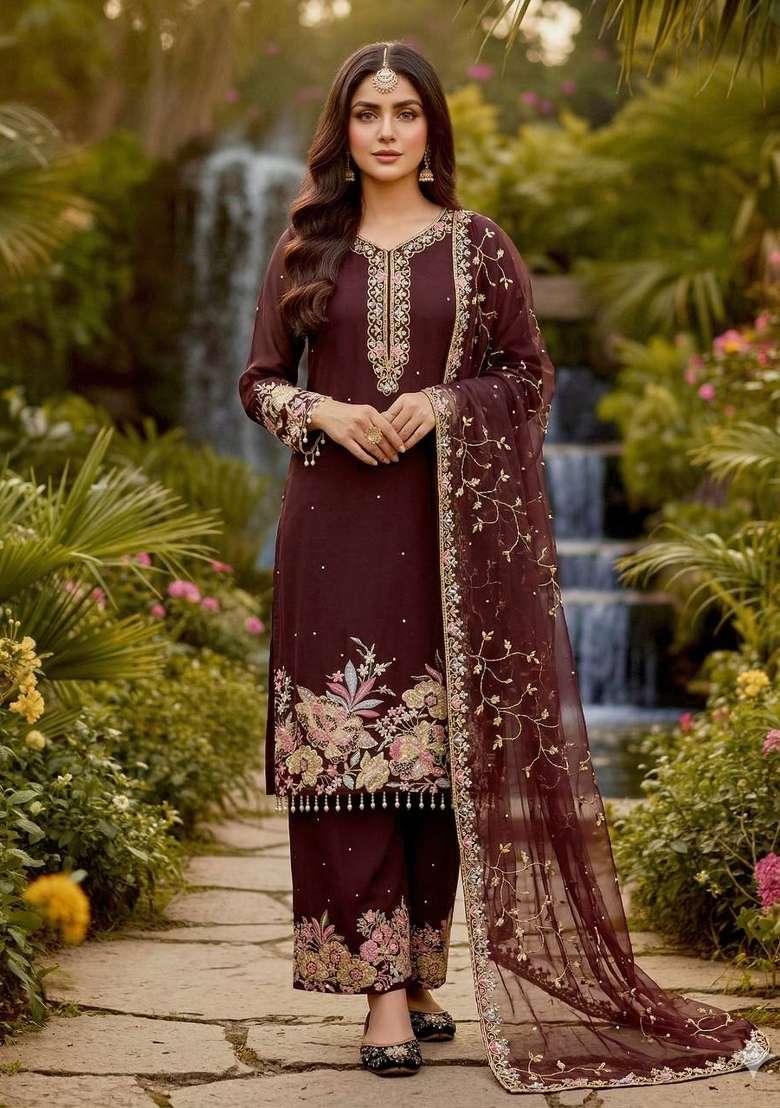 Maroon Emboidered Georgette Kurta Set - Indya
